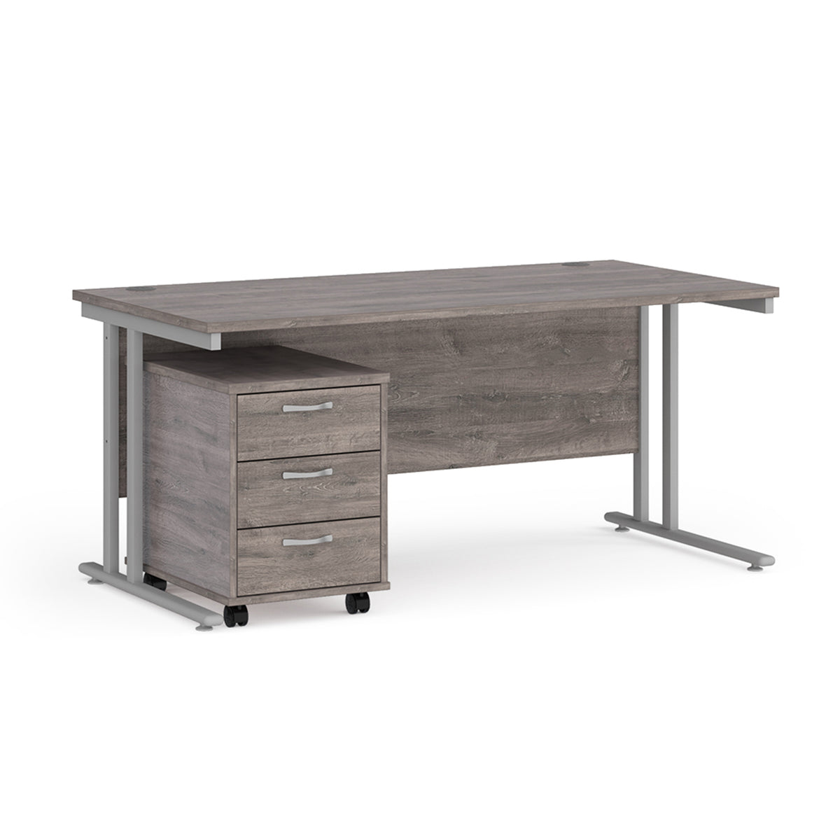 Maestro 25 straight desk 1600mm x 800mm with silver cantilever frame and 3 drawer pedestal - Grey Oak - view 1