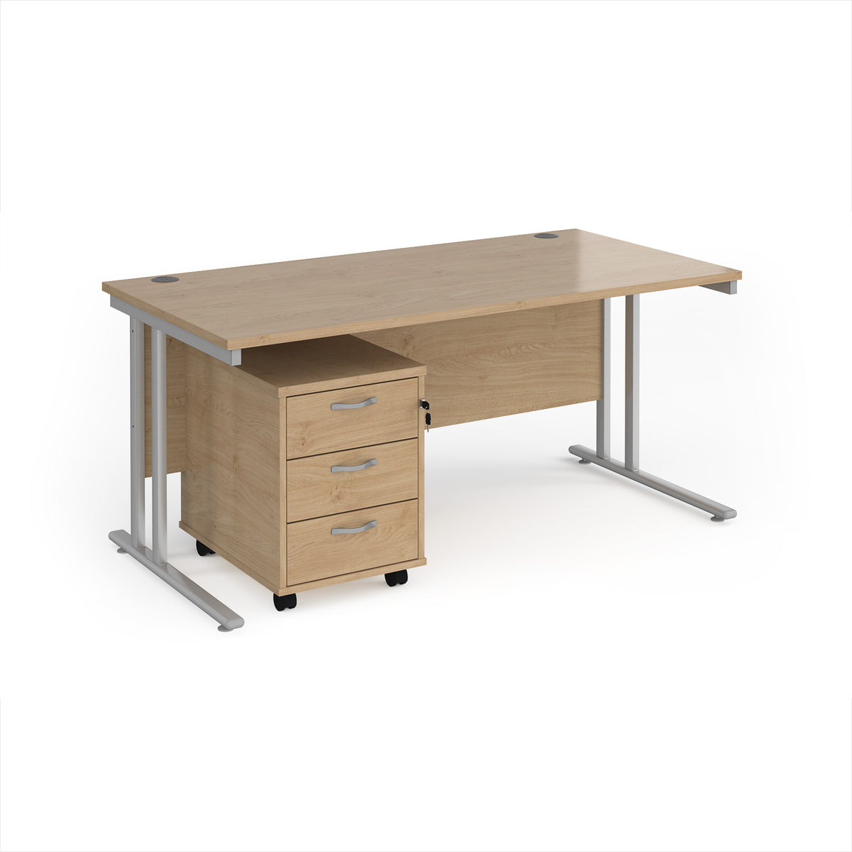 Maestro 25 straight desk 1600mm x 800mm with silver cantilever frame and 3 drawer pedestal - Kendal Oak - view 1