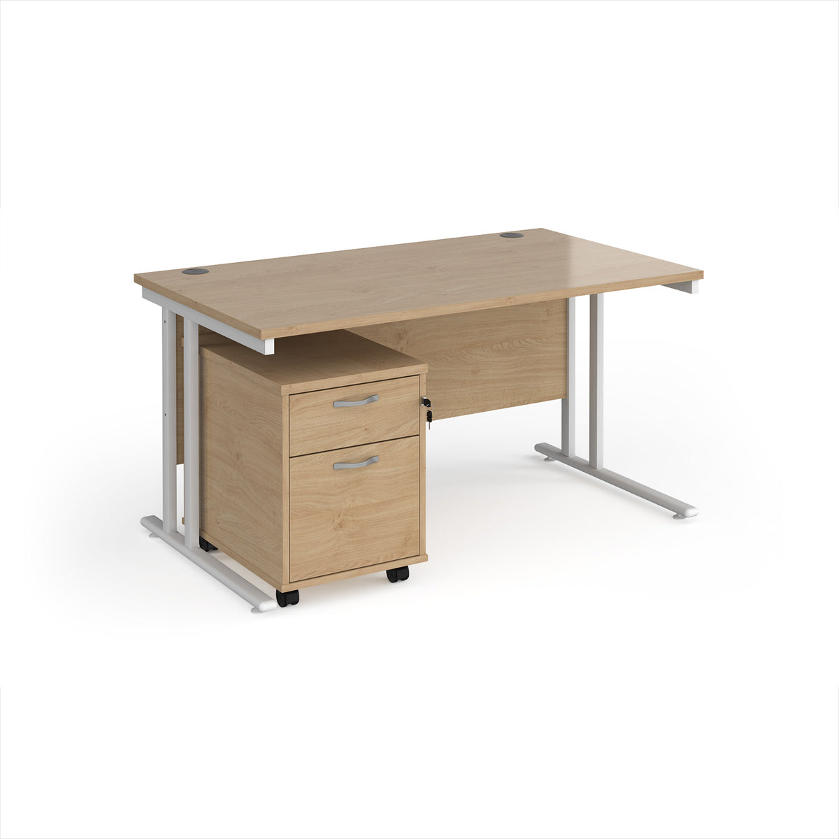 Maestro 25 straight desk 1400mm x 800mm with white cantilever frame and 2 drawer pedestal - Kendal Oak - view 1