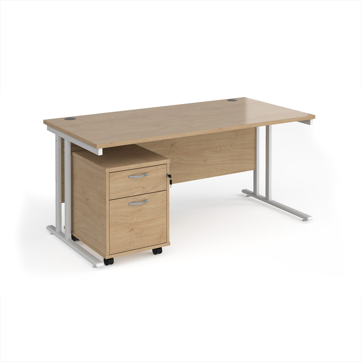 Maestro 25 straight desk 1600mm x 800mm with white cantilever frame and 2 drawer pedestal - Kendal Oak - view 1