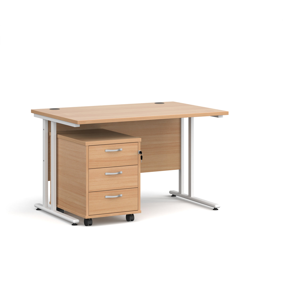 Maestro 25 straight desk 1200mm x 800mm with white cantilever frame and 3 drawer pedestal - Beech - view 1