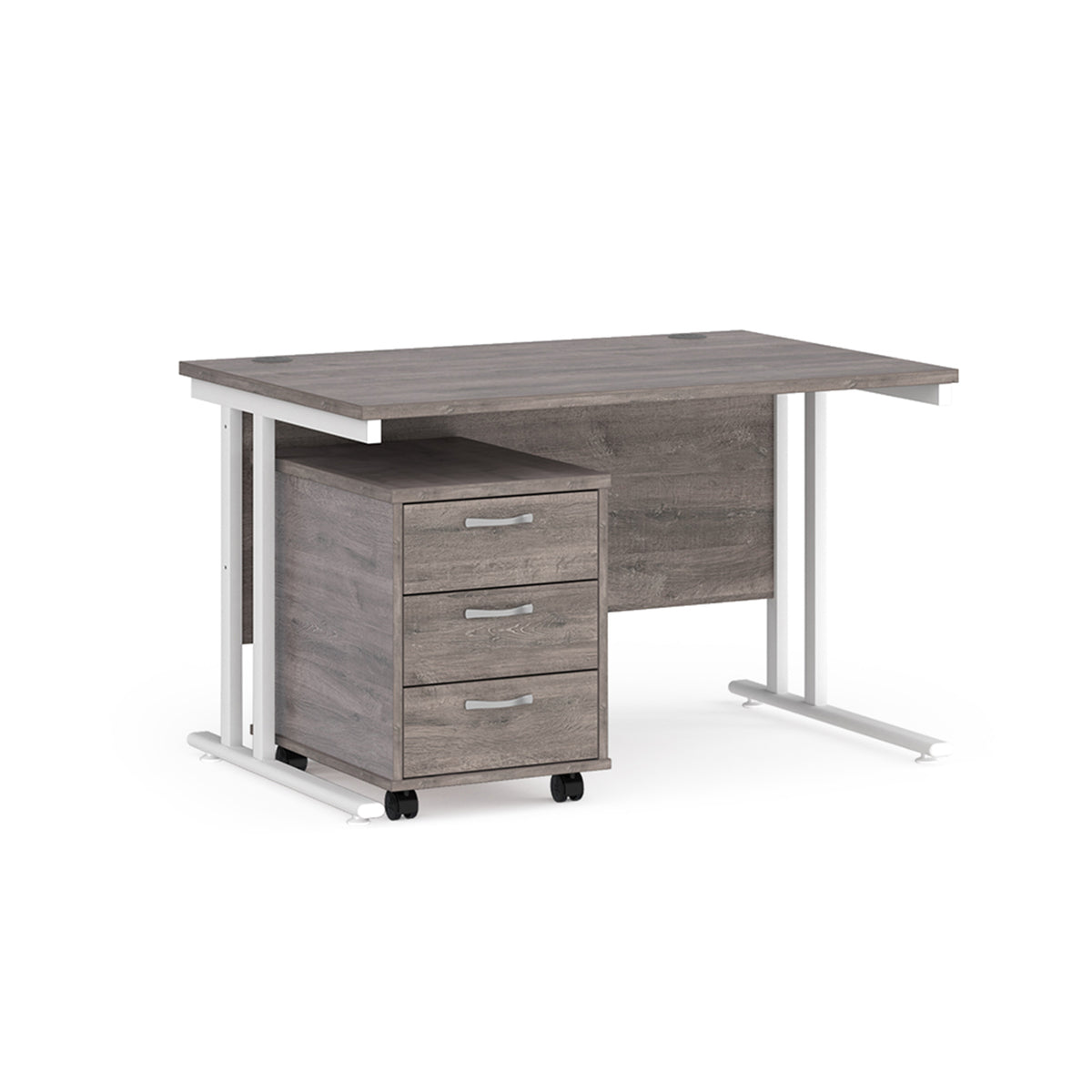 Maestro 25 straight desk 1200mm x 800mm with white cantilever frame and 3 drawer pedestal - Grey Oak - view 1