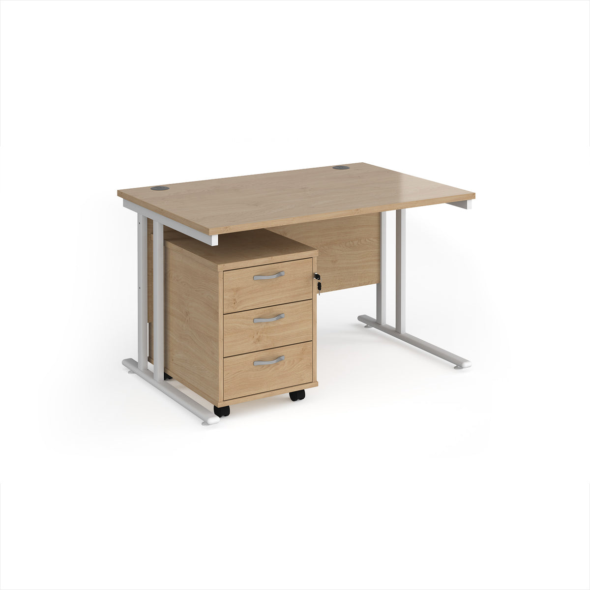 Maestro 25 straight desk 1200mm x 800mm with white cantilever frame and 3 drawer pedestal - Kendal Oak - view 1