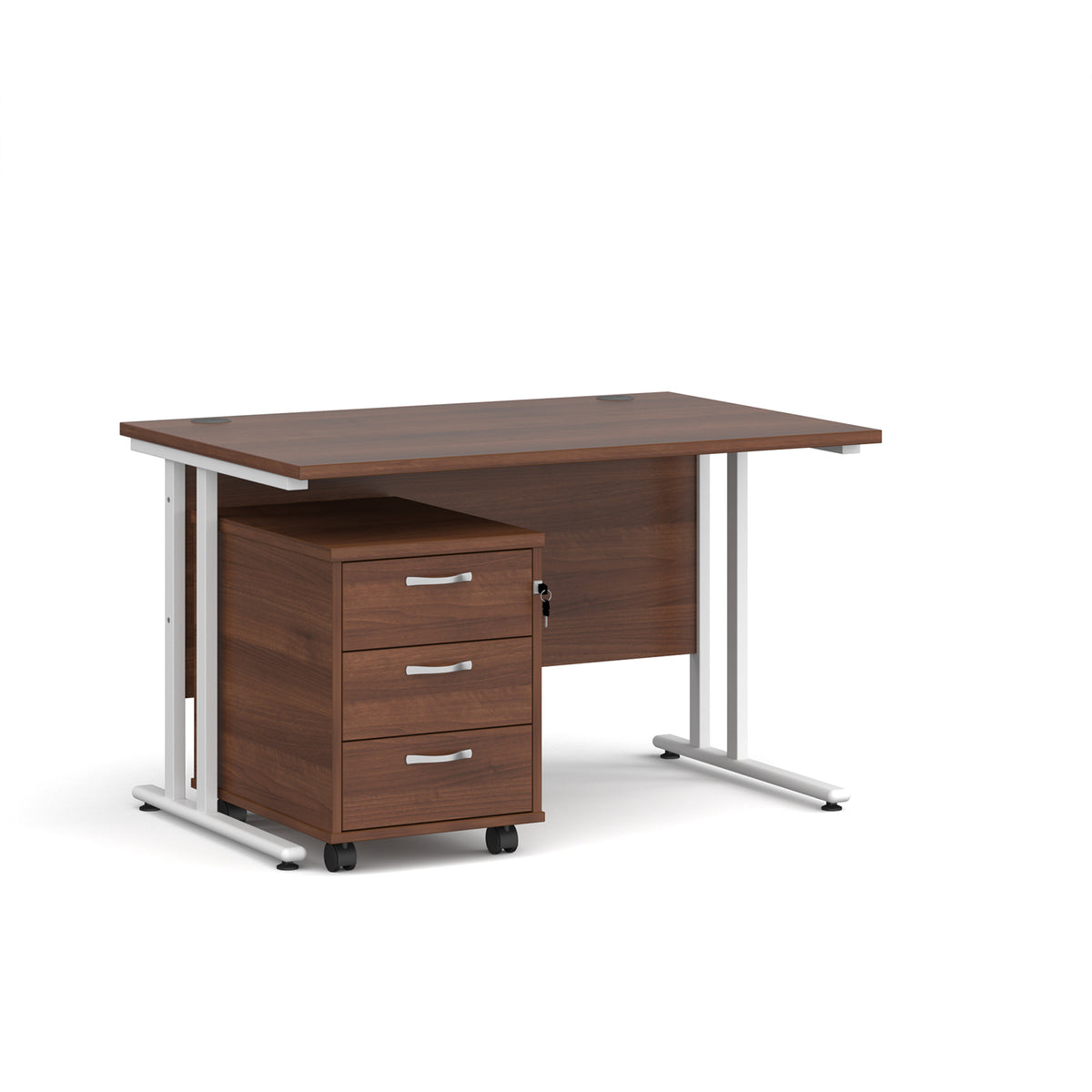 Maestro 25 straight desk 1200mm x 800mm with white cantilever frame and 3 drawer pedestal - Walnut - view 1