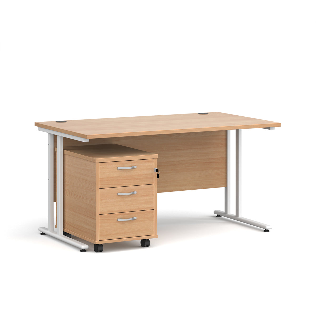 Maestro 25 straight desk 1400mm x 800mm with white cantilever frame and 3 drawer pedestal - Beech - view 1
