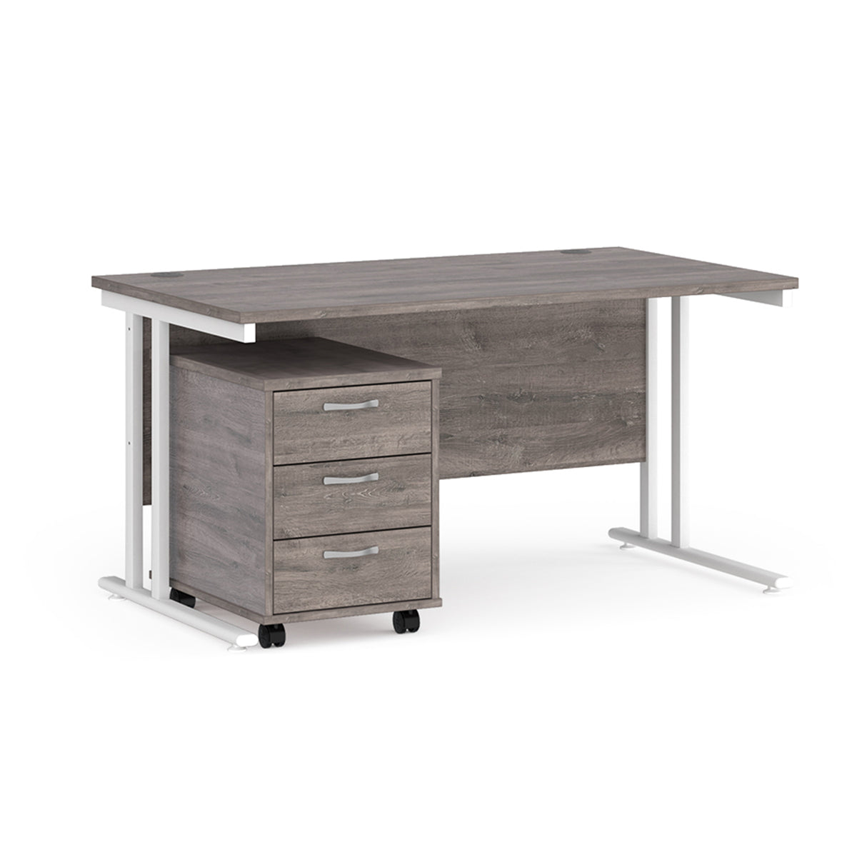 Maestro 25 straight desk 1400mm x 800mm with white cantilever frame and 3 drawer pedestal - Grey Oak - view 1