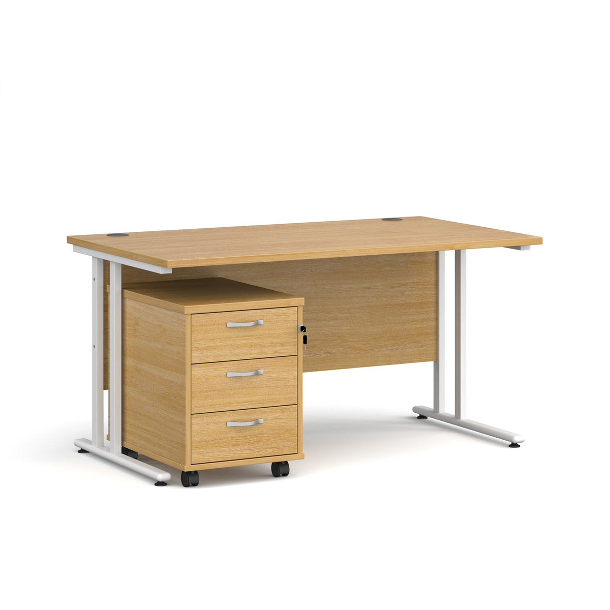 Maestro 25 straight desk 1400mm x 800mm with white cantilever frame and 3 drawer pedestal - oak - view 1