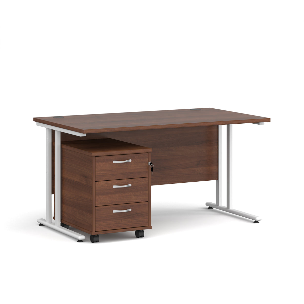 Maestro 25 straight desk 1400mm x 800mm with white cantilever frame and 3 drawer pedestal - Walnut - view 1