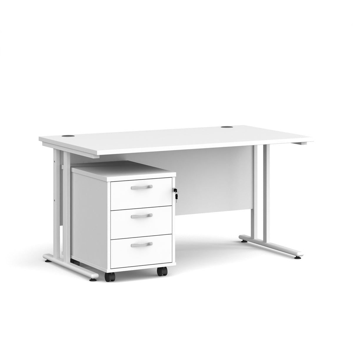Maestro 25 straight desk 1400mm x 800mm with white cantilever frame and 3 drawer pedestal - white - view 1