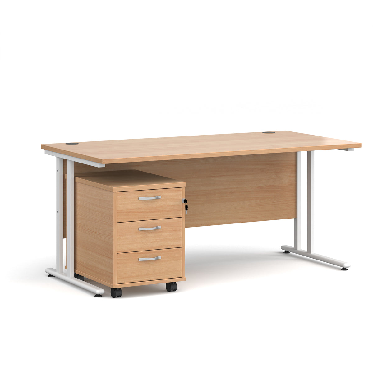 Maestro 25 straight desk 1600mm x 800mm with white cantilever frame and 3 drawer pedestal - Beech - view 1