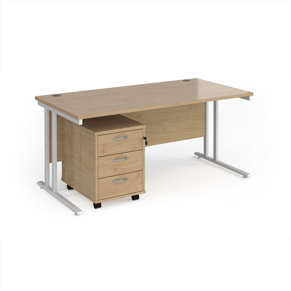 Maestro 25 straight desk 1600mm x 800mm with white cantilever frame and 3 drawer pedestal - Kendal Oak - view 1
