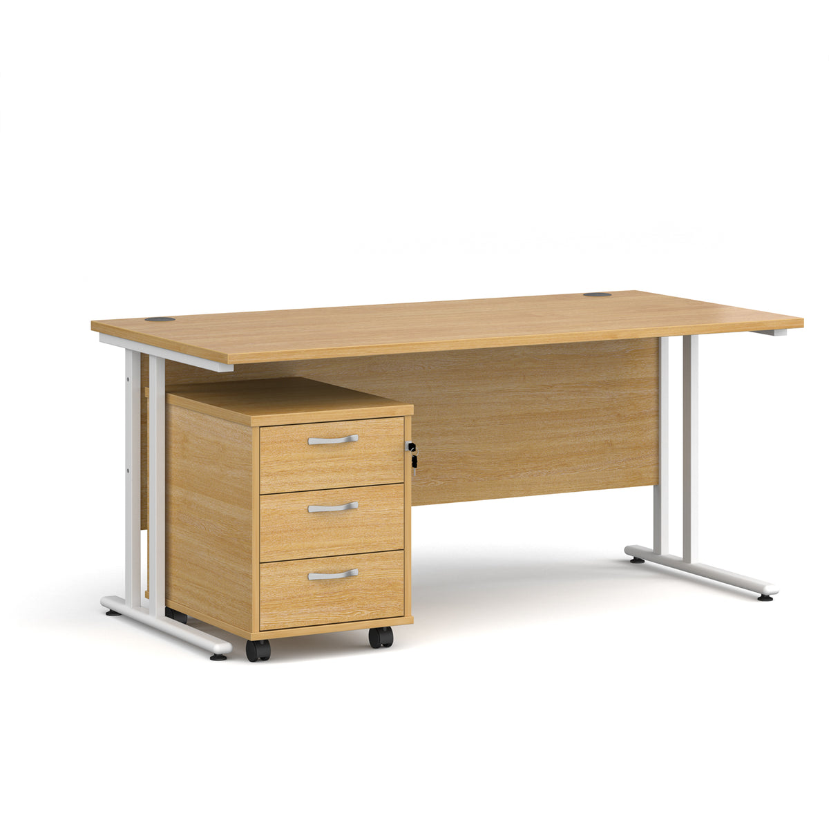 Maestro 25 straight desk 1600mm x 800mm with white cantilever frame and 3 drawer pedestal - oak - view 1