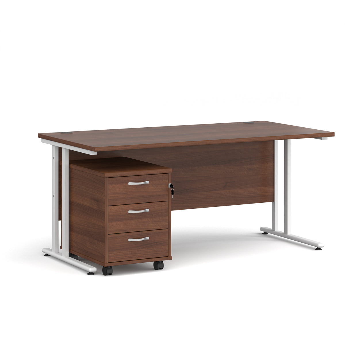 Maestro 25 straight desk 1600mm x 800mm with white cantilever frame and 3 drawer pedestal - Walnut - view 1