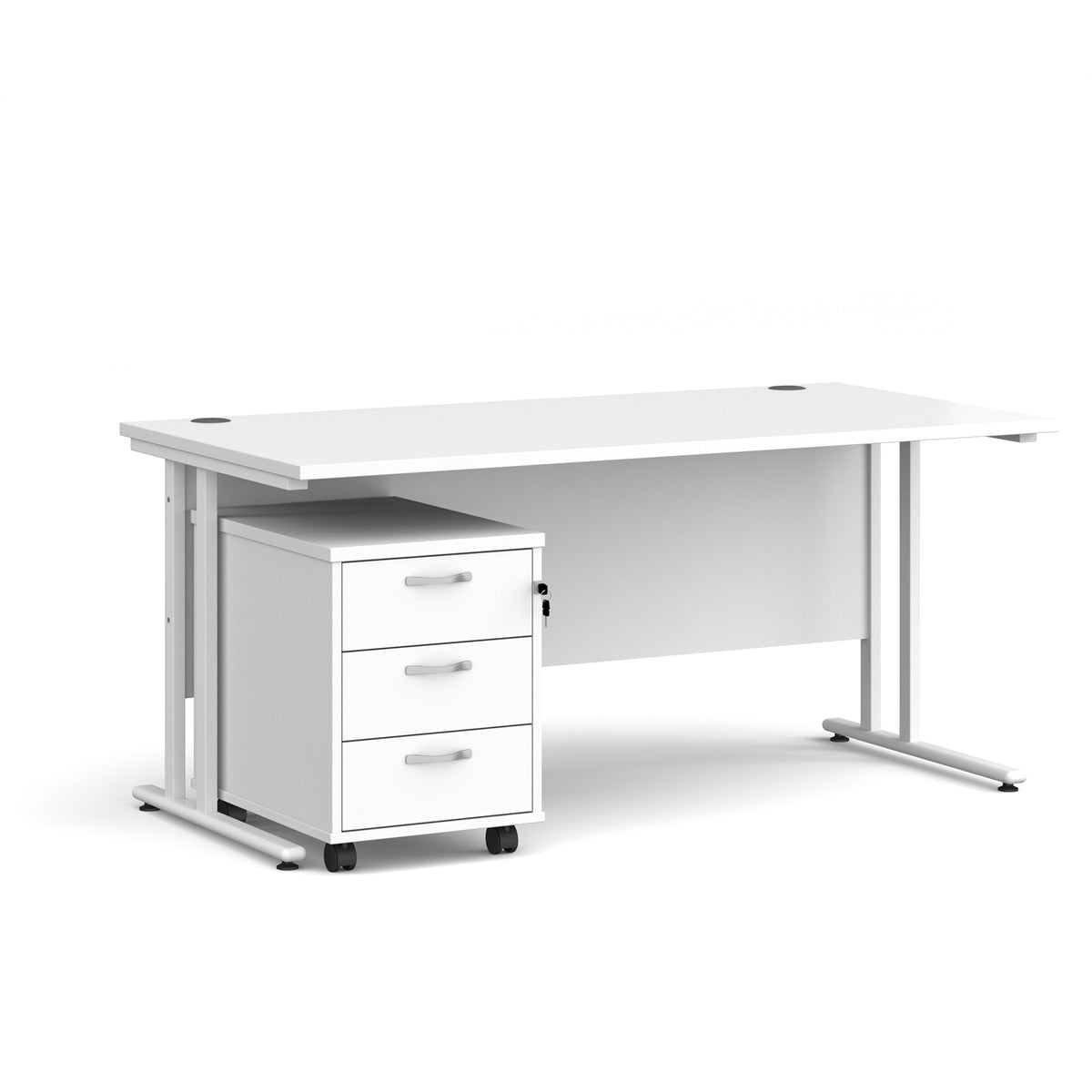 Maestro 25 straight desk 1600mm x 800mm with white cantilever frame and 3 drawer pedestal - white - view 1