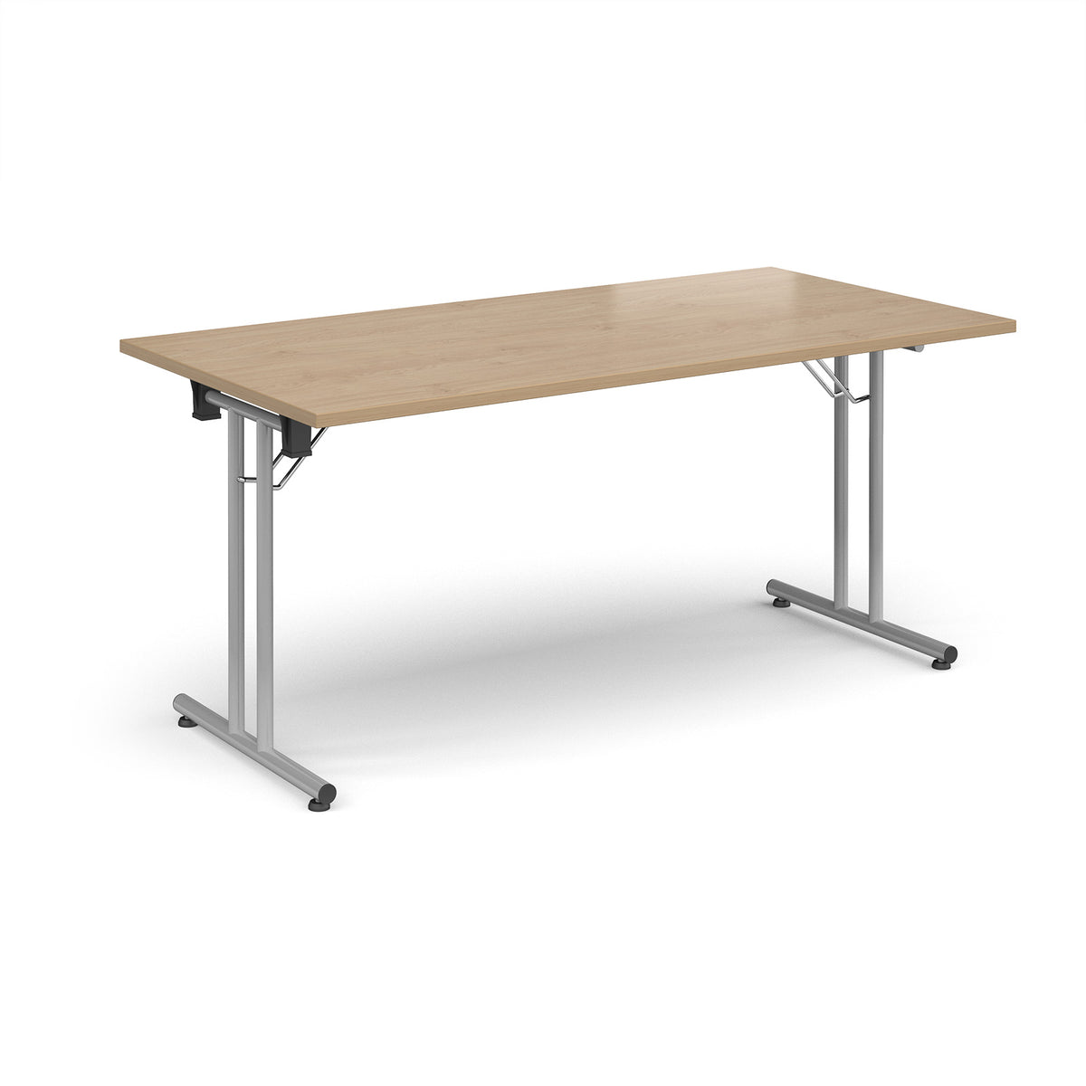 Rectangular folding leg table with silver legs and straight foot rails 1600mm x 800mm - Grey Oak - view 1 (sfl1600-s-ko.jpg)