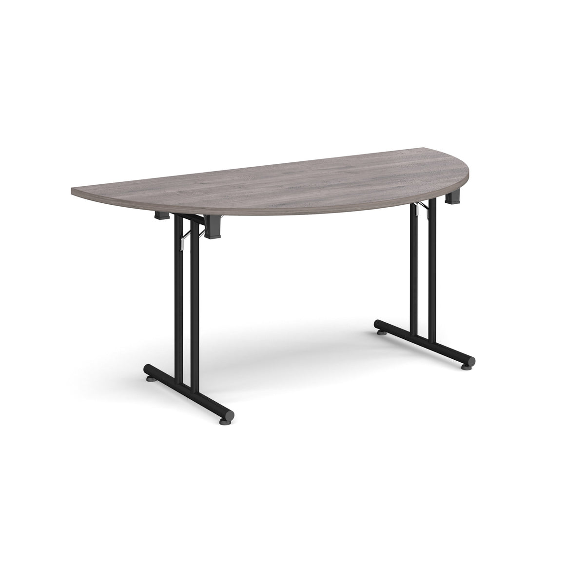 Semi circular folding leg table with black legs and straight foot rails 1600mm x 800mm - Grey Oak - view 1