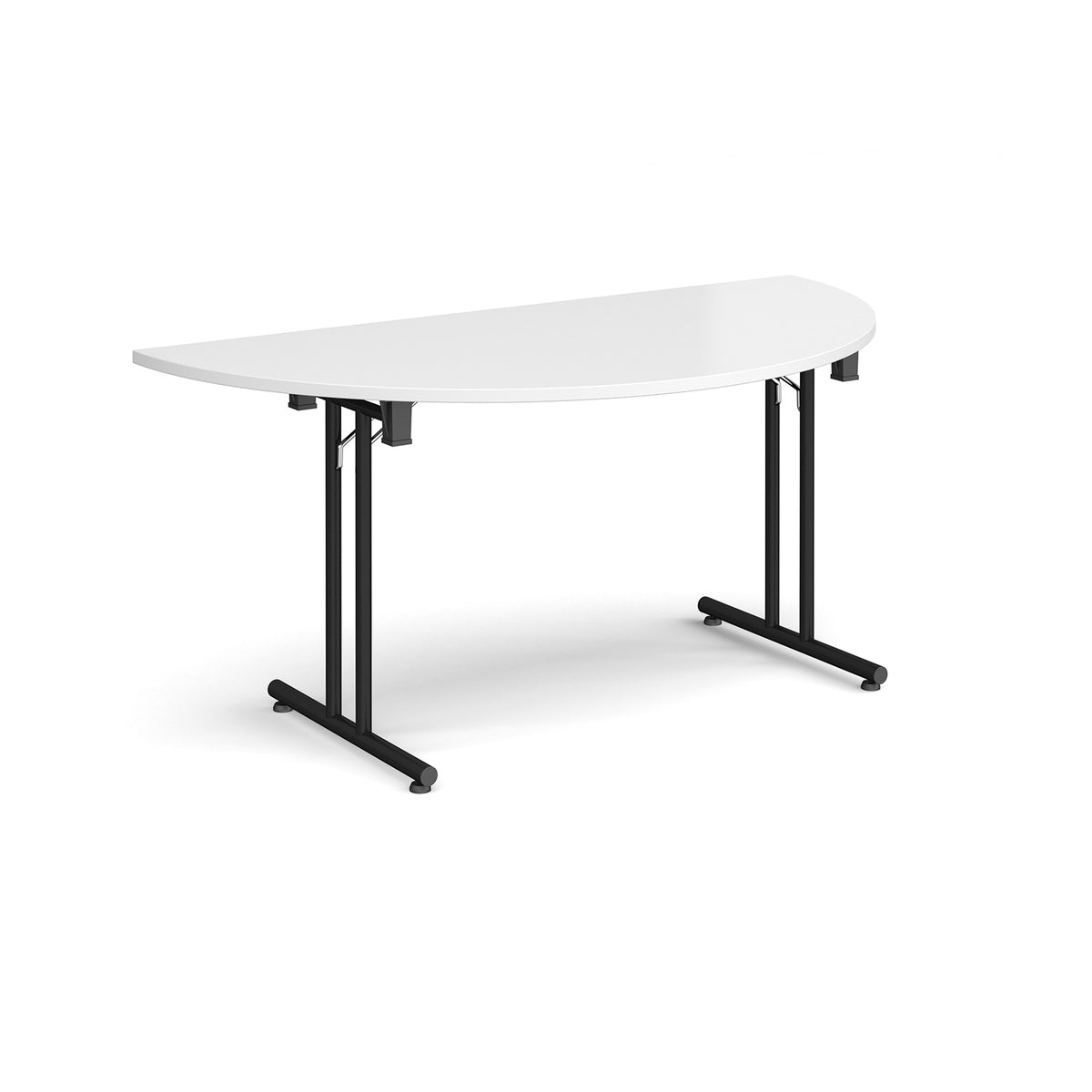 Semi circular folding leg table with black legs and straight foot rails 1600mm x 800mm - white - view 1