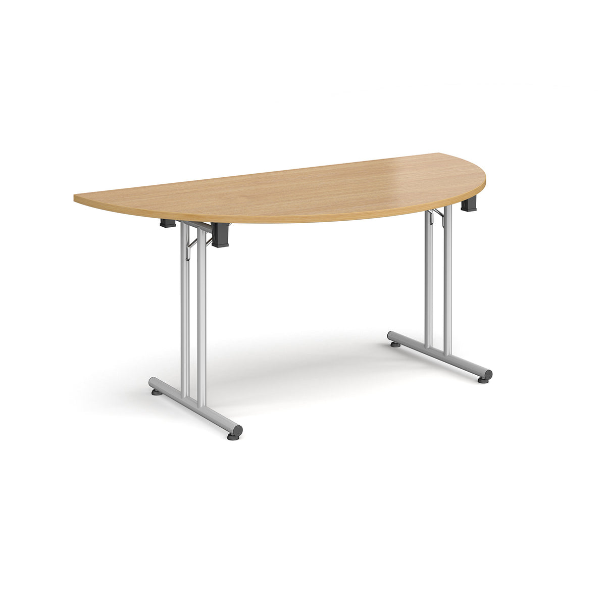 Semi circular folding leg table with silver legs and straight foot rails 1600mm x 800mm - oak - view 1