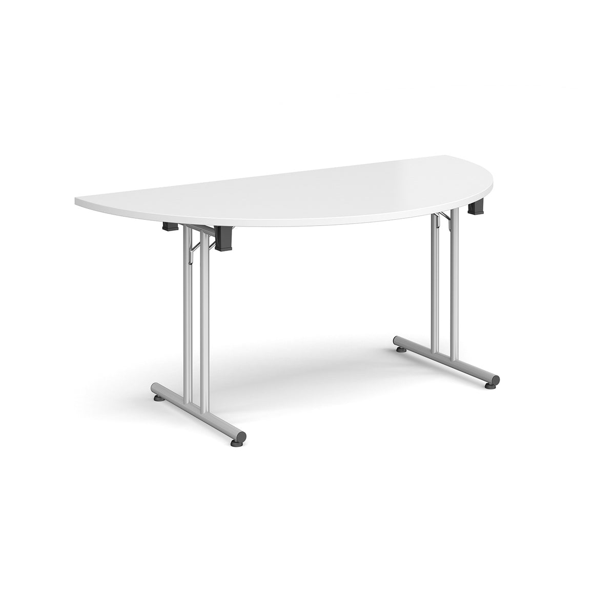 Semi circular folding leg table with silver legs and straight foot rails 1600mm x 800mm - white - view 1