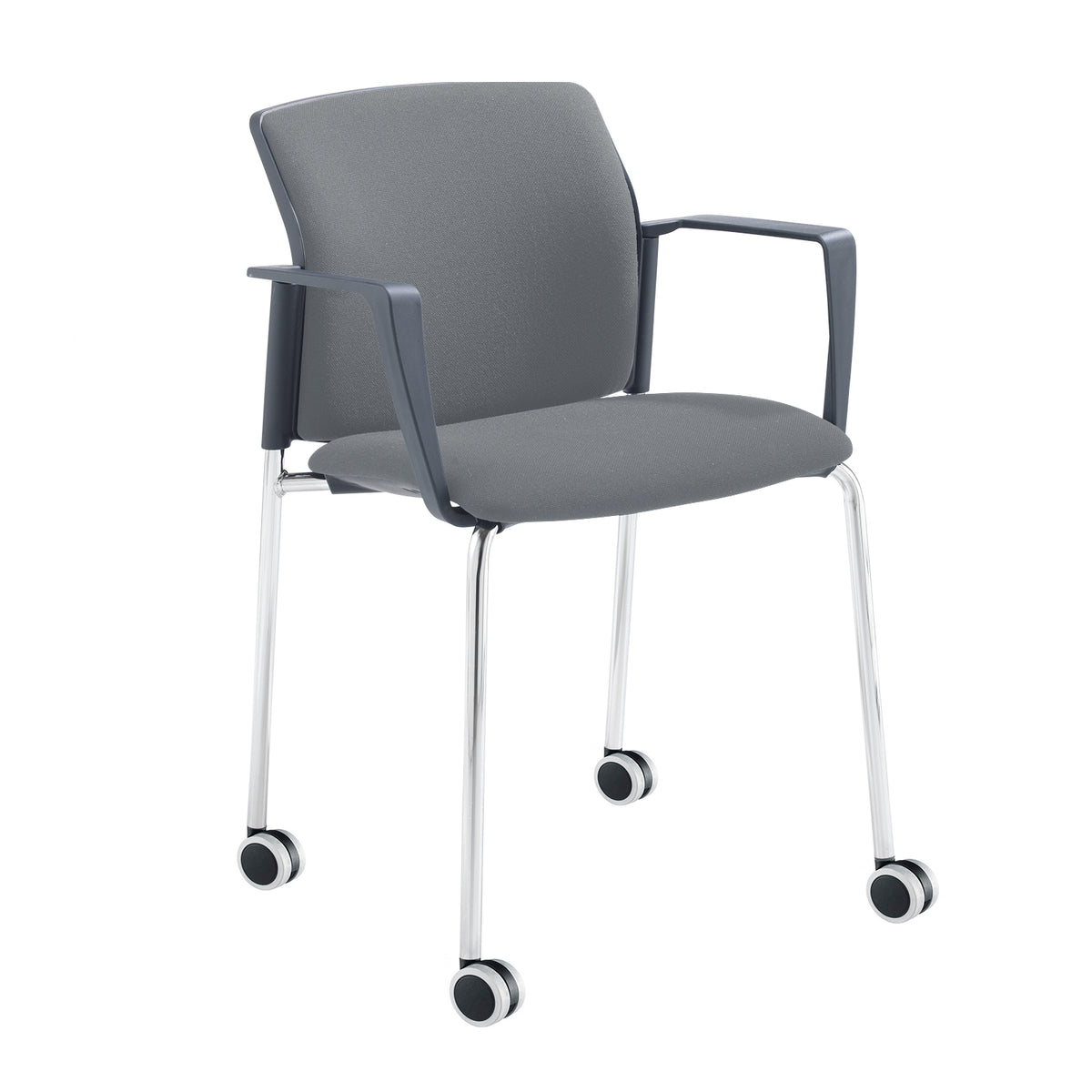 Santana 4 leg mobile chair with fabric seat and back, chrome frame with castors and fixed arms - made to order - view 2