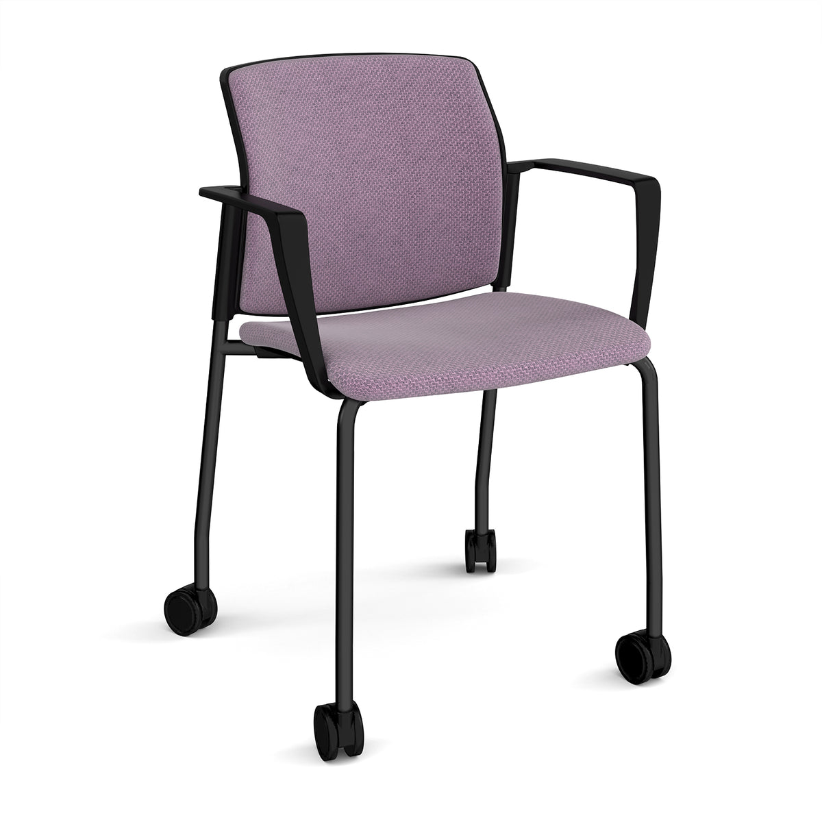 Santana 4 leg mobile chair with fabric seat and back, black frame with castors and fixed arms - made to order - view 1