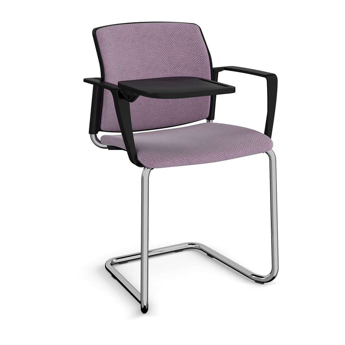 Santana cantilever chair with fabric seat and back, chrome frame with arms and writing tablet - made to order - view 1