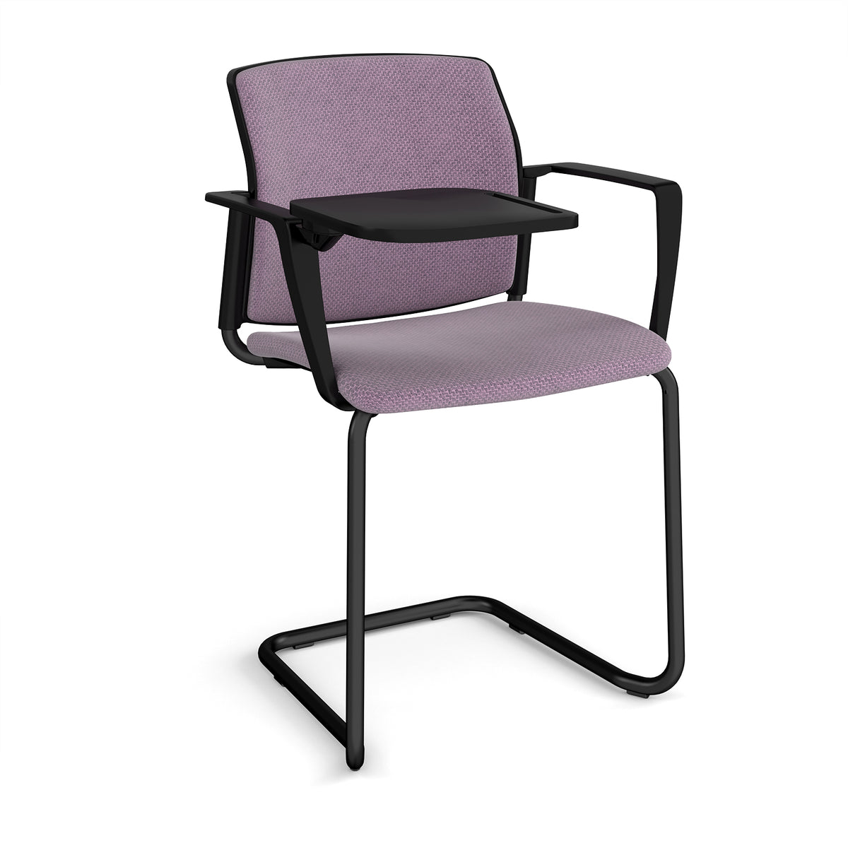 Santana cantilever chair with fabric seat and back, black frame with arms and writing tablet - made to order - view 1