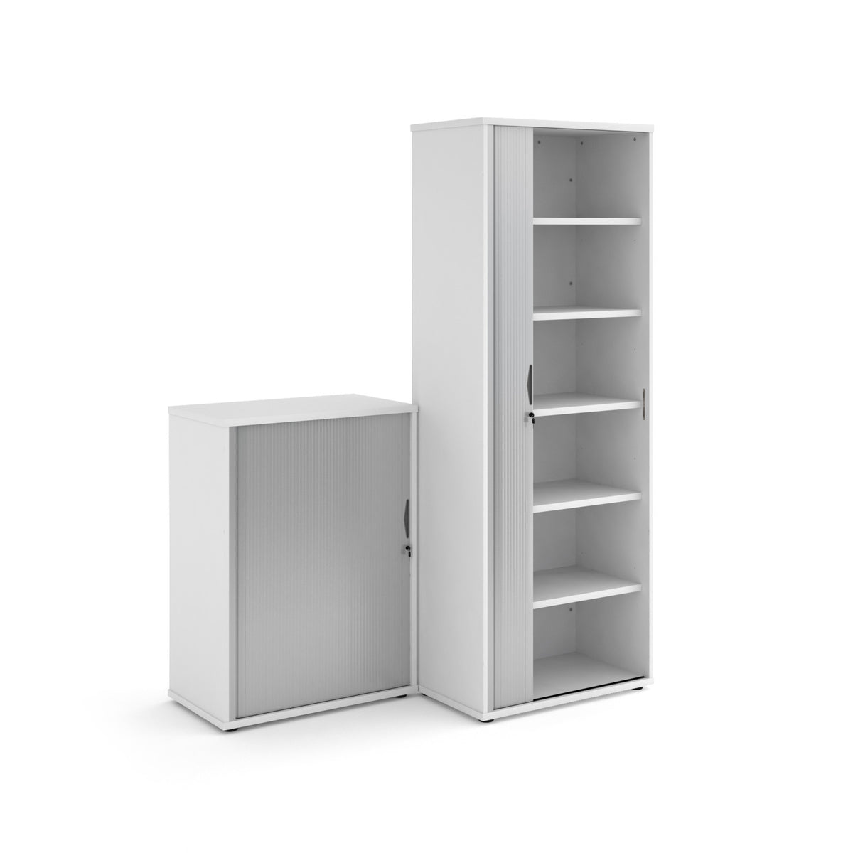 Universal single door tambour cupboard 1090mm high with 2 shelves - white with silver door - view 4