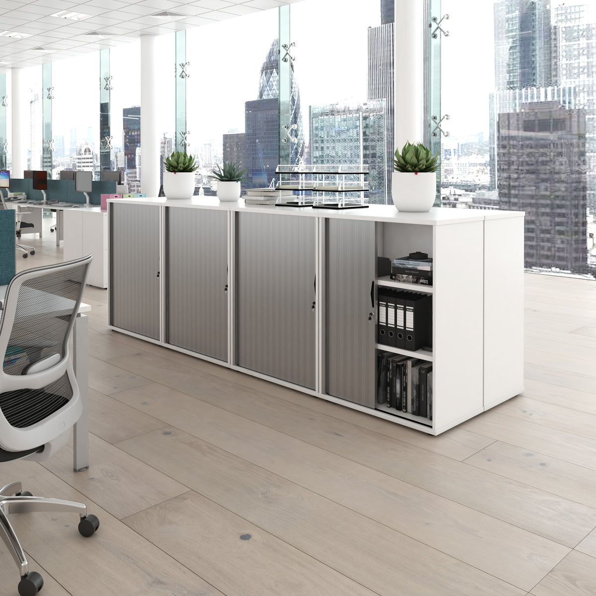 Universal single door tambour cupboard 1090mm high with 2 shelves - Beech with silver door - view 3