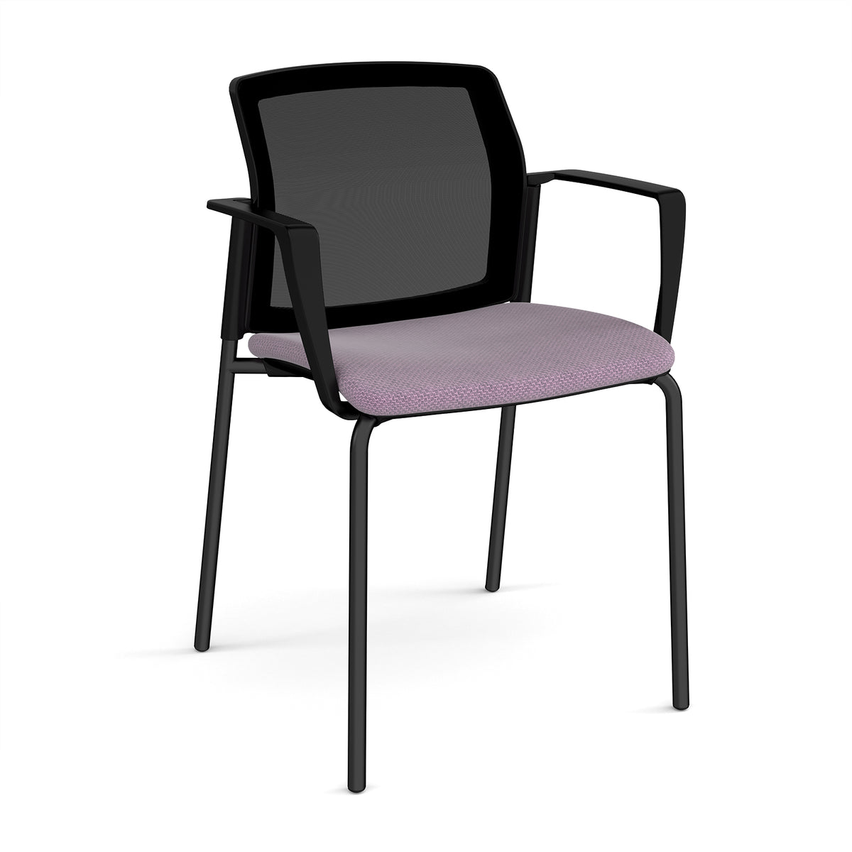 Santana 4 leg stacking chair with fabric seat and mesh back, black frame and fixed arms - made to order - view 1