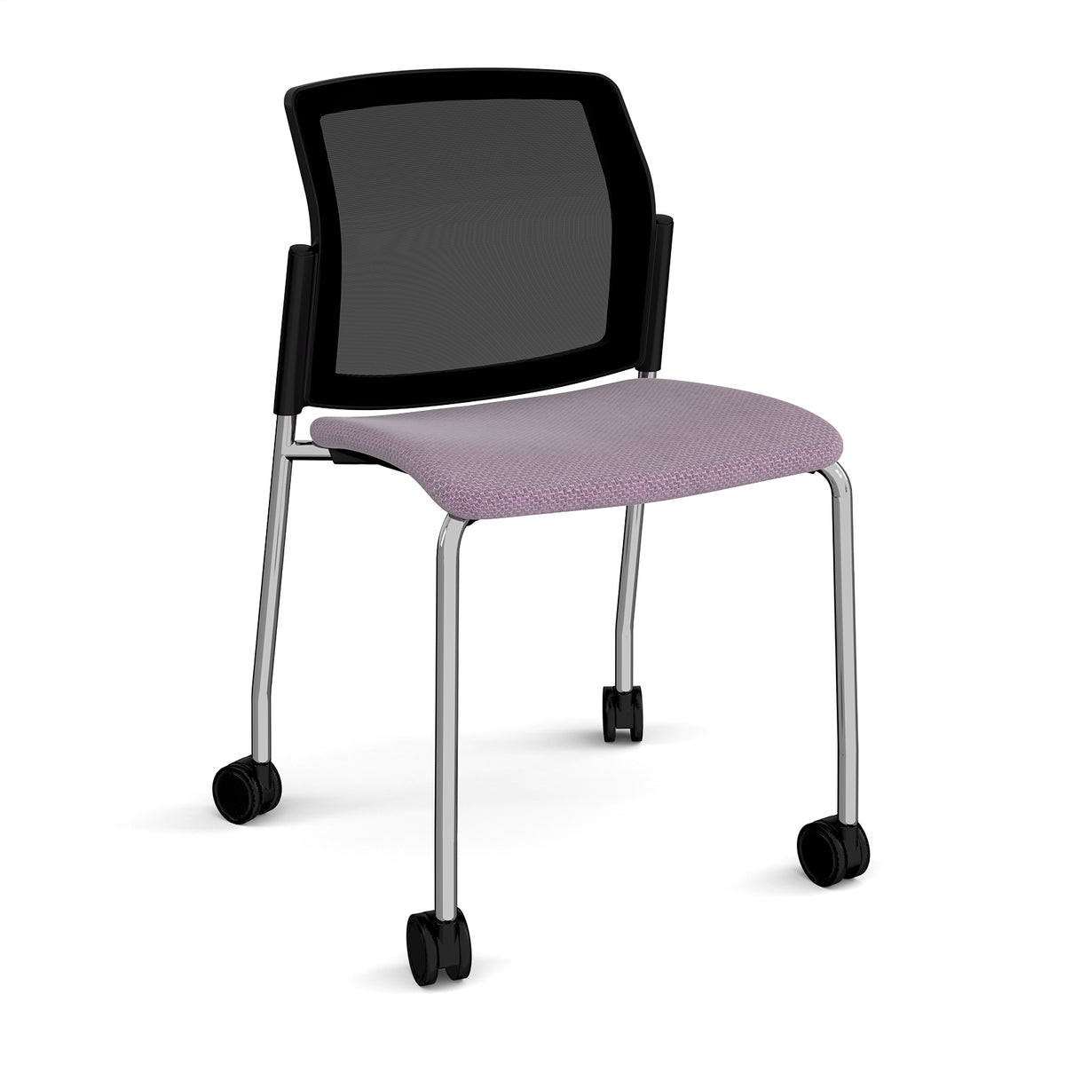 Santana 4 leg mobile chair with fabric seat and mesh back, chrome frame with castors and no arms - made to order - view 1