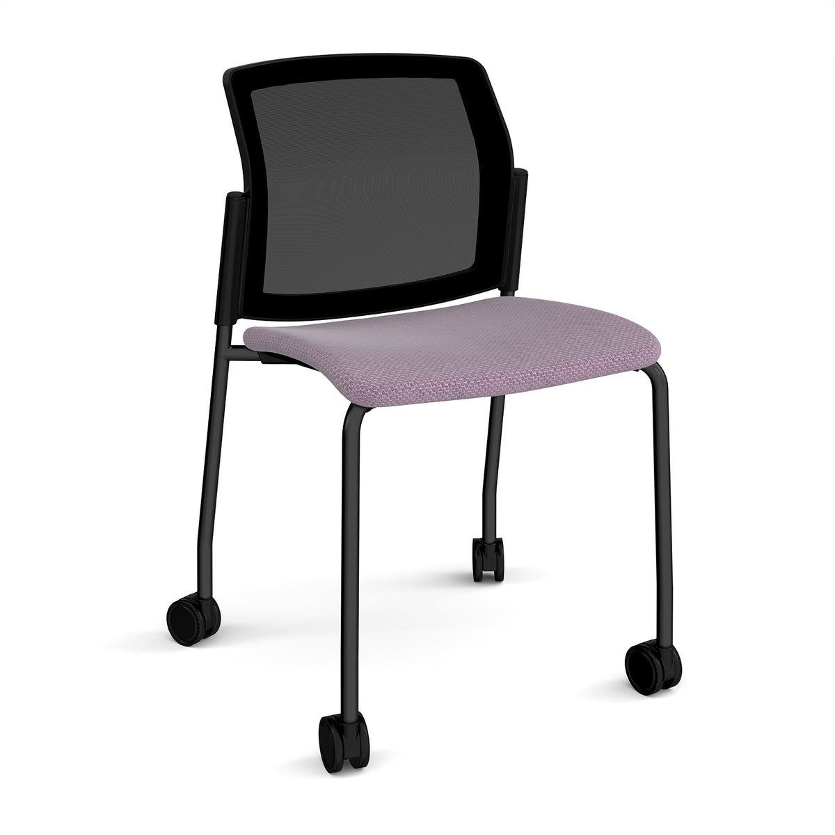 Santana 4 leg mobile chair with fabric seat and mesh back, black frame with castors and no arms - made to order - view 1