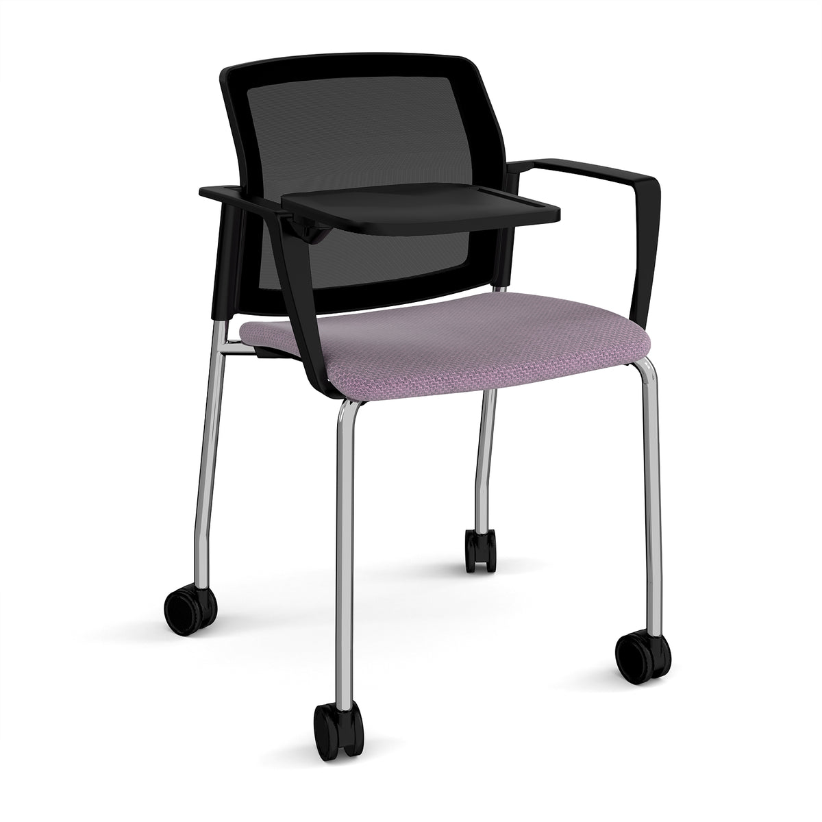 Santana 4 leg mobile chair with fabric seat and mesh back, chrome frame with castors, arms and writing tablet - made to order - view 1