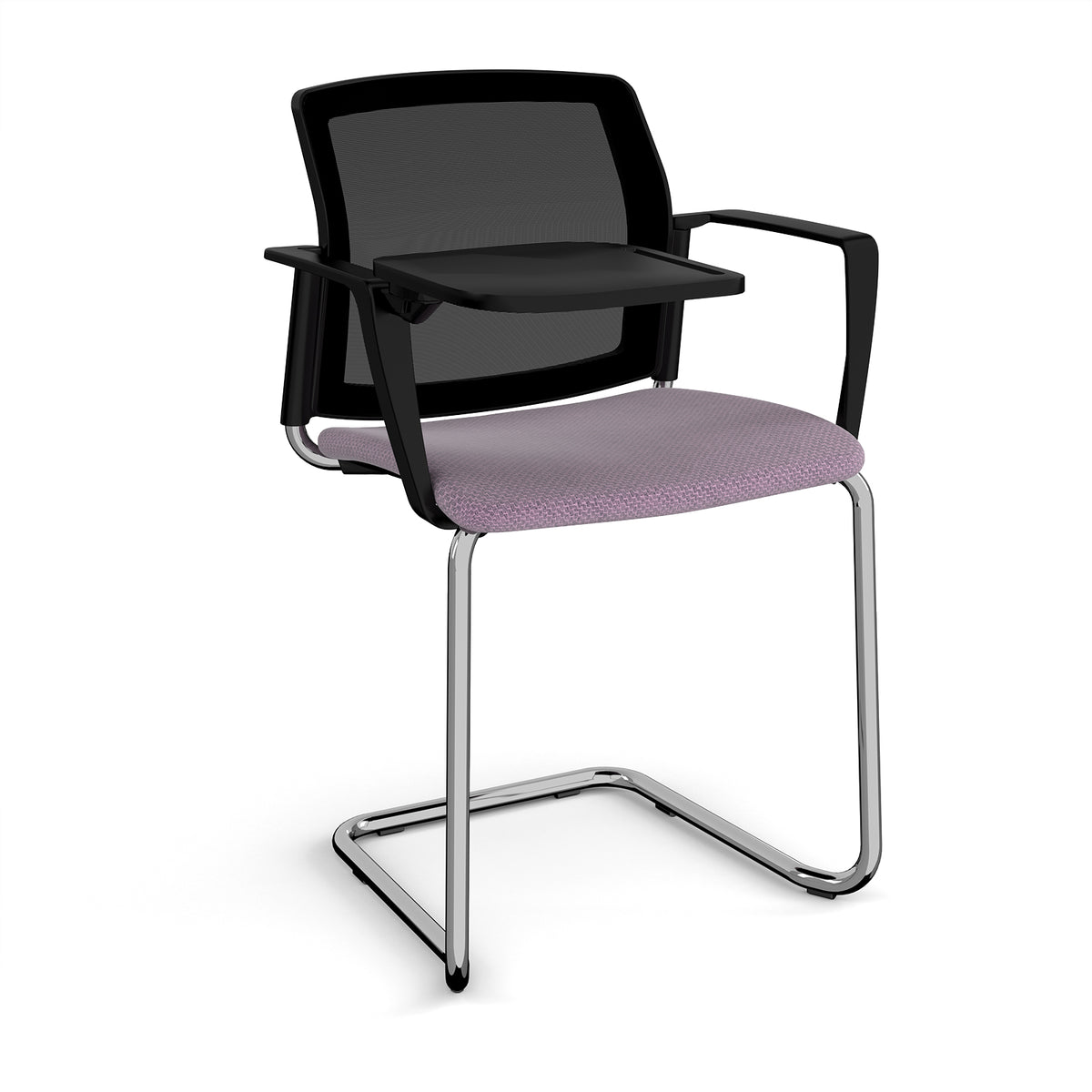 Santana cantilever chair with fabric seat and mesh back, chrome frame with arms and writing tablet - made to order - view 1