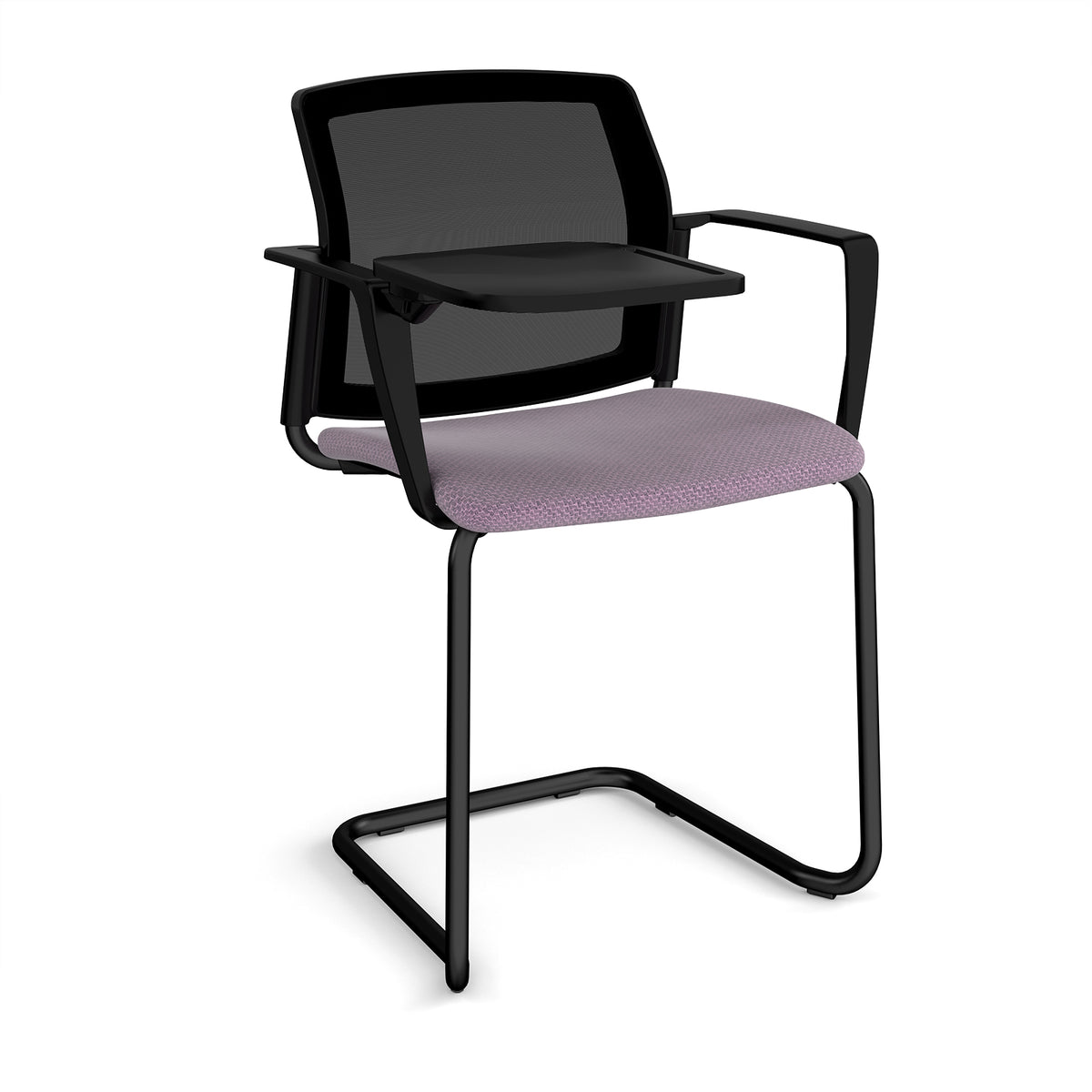 Santana cantilever chair with fabric seat and mesh back, black frame with arms and writing tablet - made to order - view 1