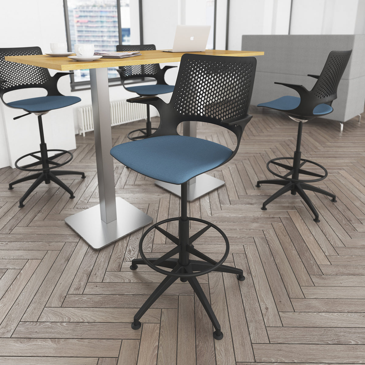 Brescia square poseur table with flat square brushed steel base 800mm - Beech - view 2