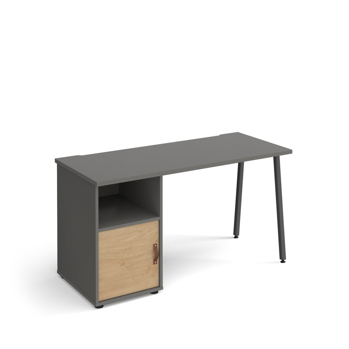 Sparta straight desk 1400mm x 600mm with A-frame leg and support pedestal with cupboard door - charcoal frame, grey finish with oak door - view 1
