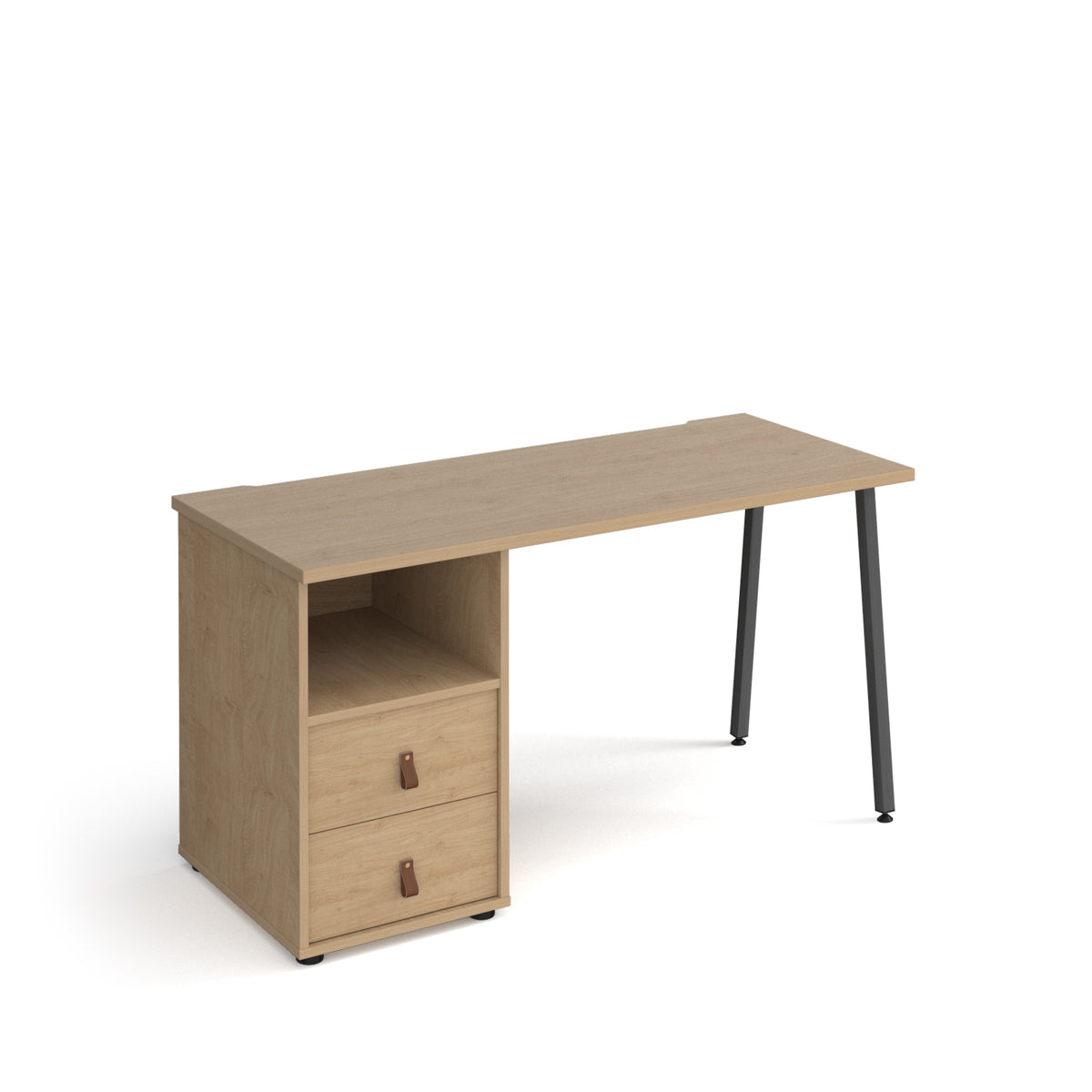 Sparta straight desk 1400mm x 600mm with A-frame leg and support pedestal with drawers - charcoal frame, oak finish with oak drawers - view 1