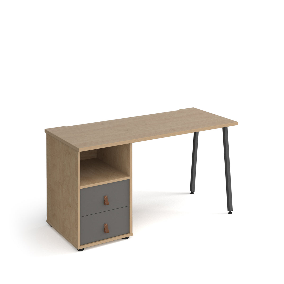 Sparta straight desk 1400mm x 600mm with A-frame leg and support pedestal with drawers - charcoal frame, oak finish with grey drawers - view 1