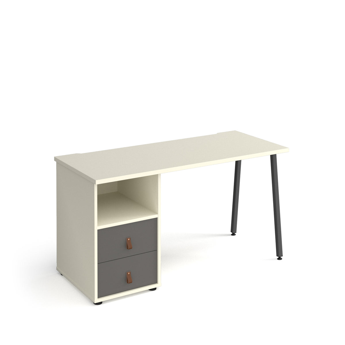 Sparta straight desk 1400mm x 600mm with A-frame leg and support pedestal with drawers - charcoal frame, white finish with grey drawers - view 1