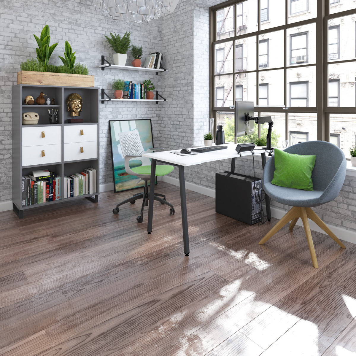 Sparta straight desk 1400mm x 600mm with A-frame leg and support pedestal with cupboard door - charcoal frame, oak finish with oak door - view 2