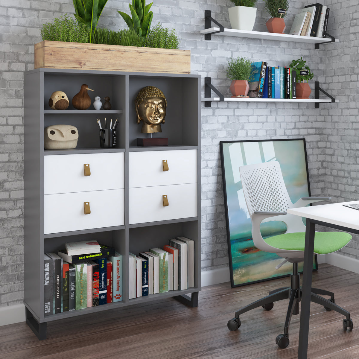 Sparta cube storage unit 950mm high with 4 open boxes and charcoal A-frame legs - oak - view 3