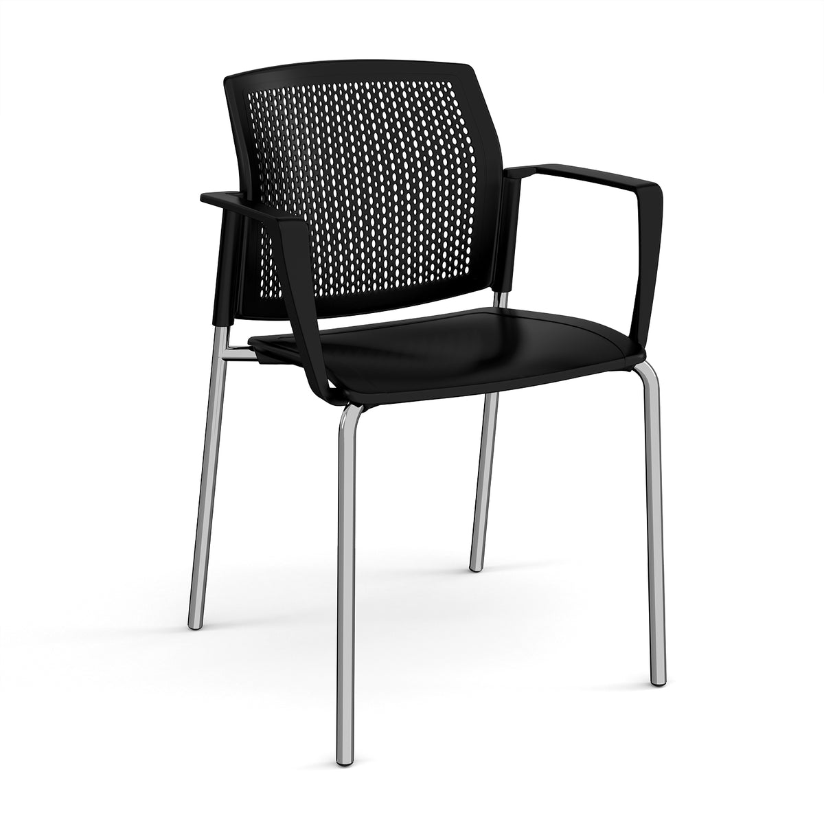 Santana 4 leg stacking chair with plastic seat and perforated back, chrome frame and fixed arms - black - view 1