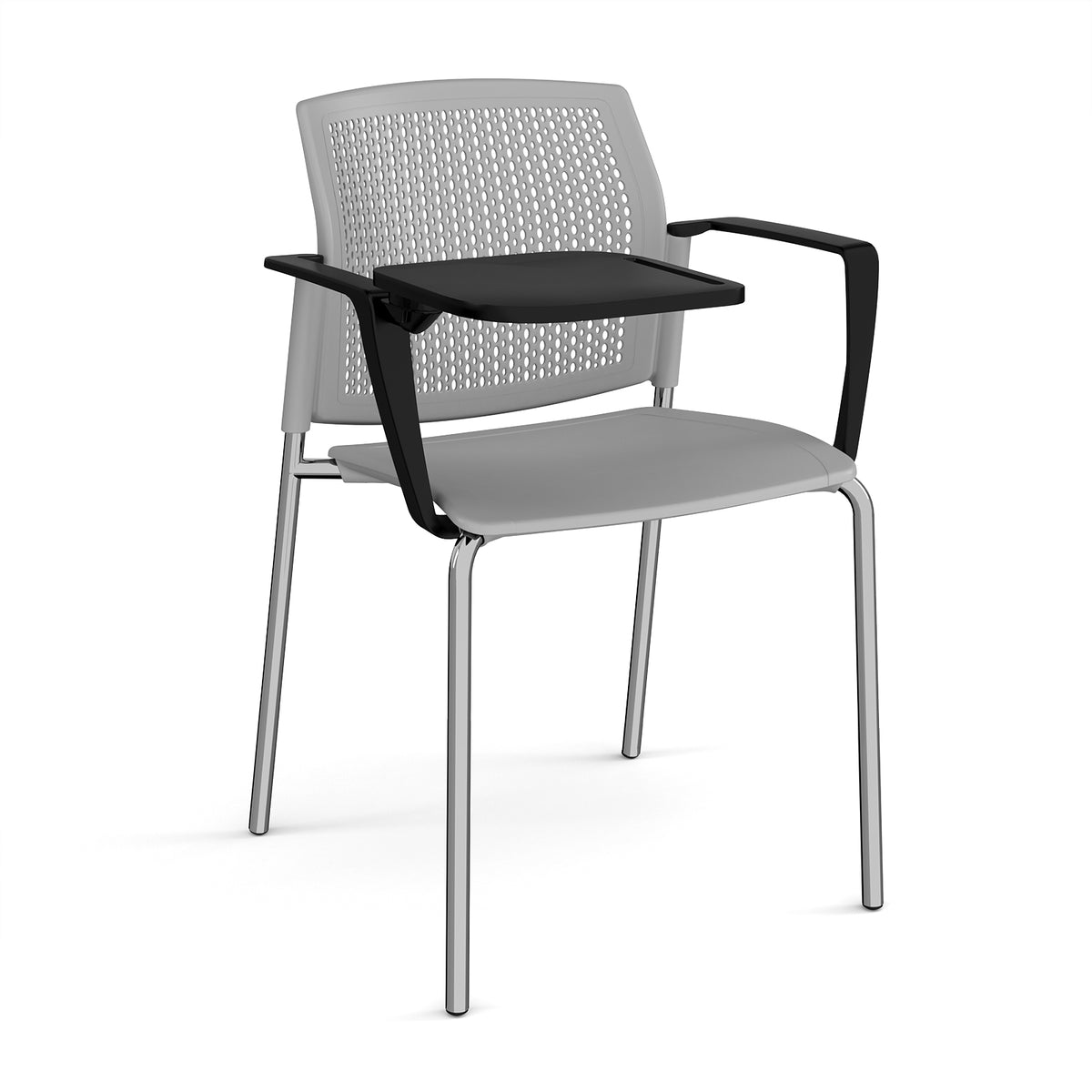 Santana 4 leg stacking chair with plastic seat and perforated back, chrome frame with arms and writing tablet - grey - view 1