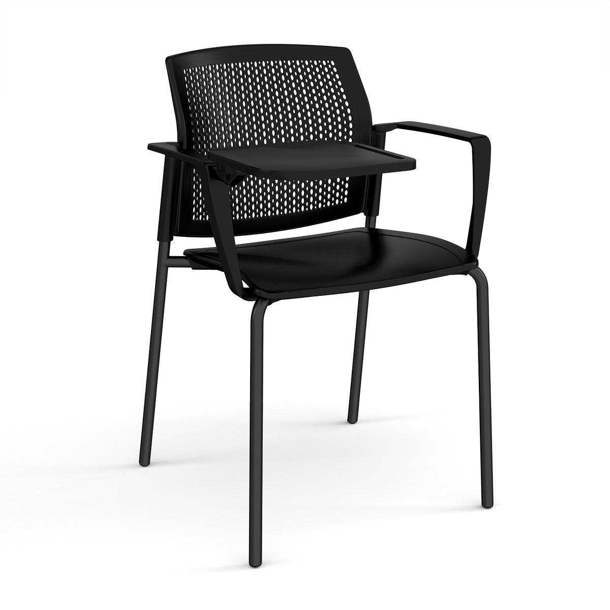 Santana 4 leg stacking chair with plastic seat and perforated back, black frame with arms and writing tablet - black - view 1