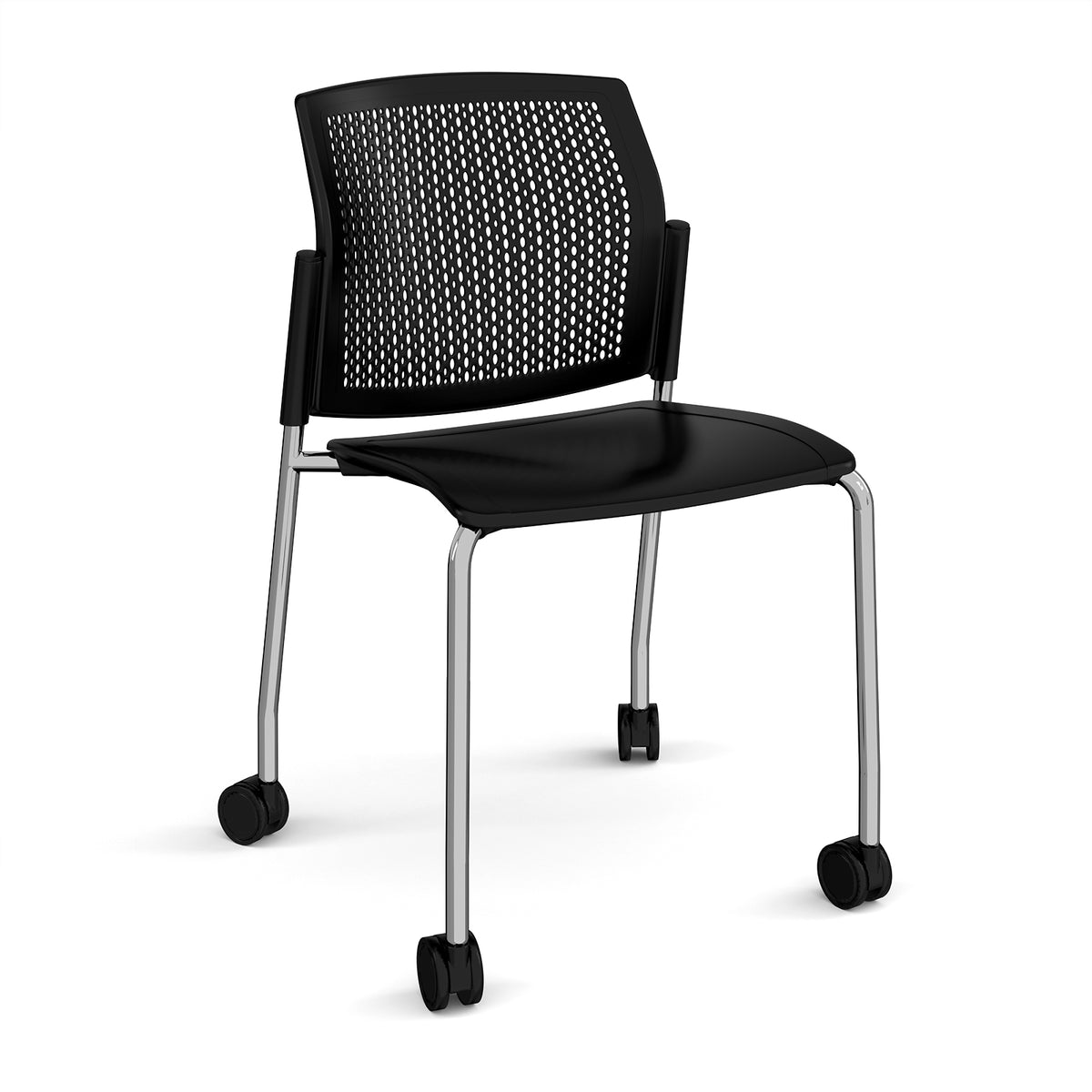Santana 4 leg mobile chair with plastic seat and perforated back, chrome frame with castors and no arms - black - view 1