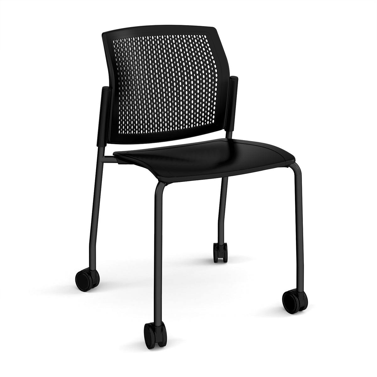 Santana 4 leg mobile chair with plastic seat and perforated back, black frame with castors and no arms - black - view 1