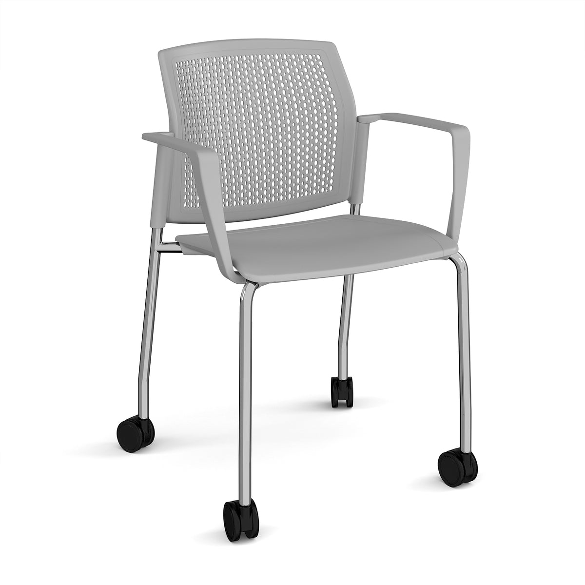 Santana 4 leg mobile chair with plastic seat and perforated back, chrome frame with castors and fixed arms - grey - view 1