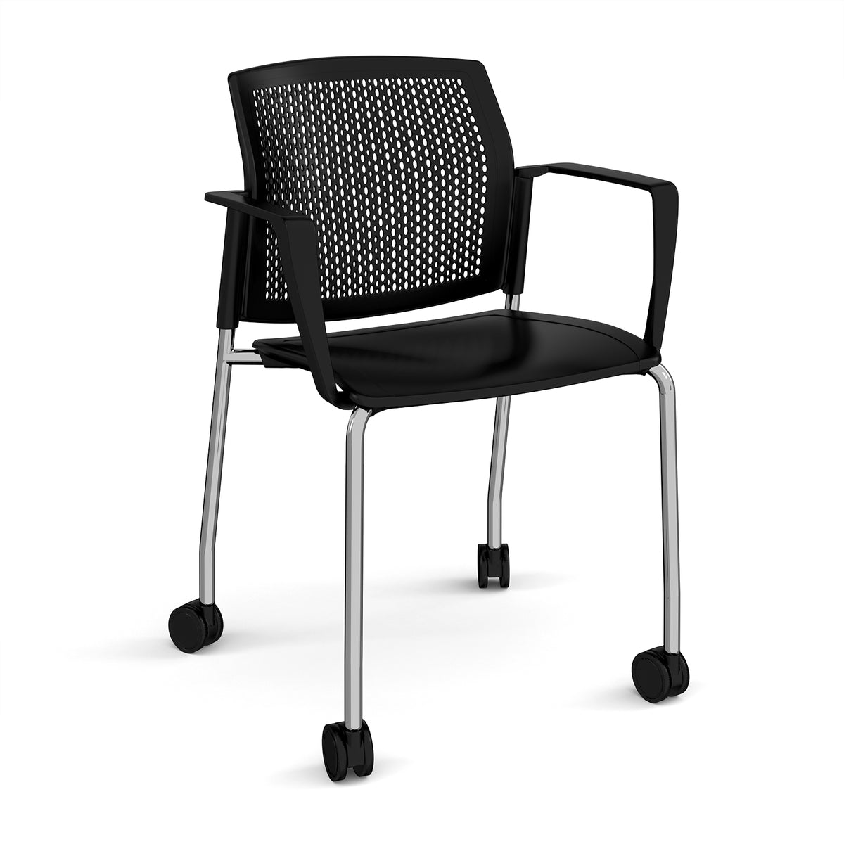 Santana 4 leg mobile chair with plastic seat and perforated back, chrome frame with castors and fixed arms - black - view 1
