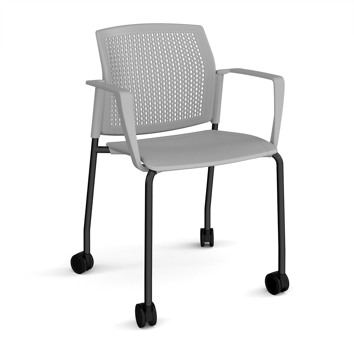 Santana 4 leg mobile chair with plastic seat and perforated back, black frame with castors and fixed arms - grey - view 1